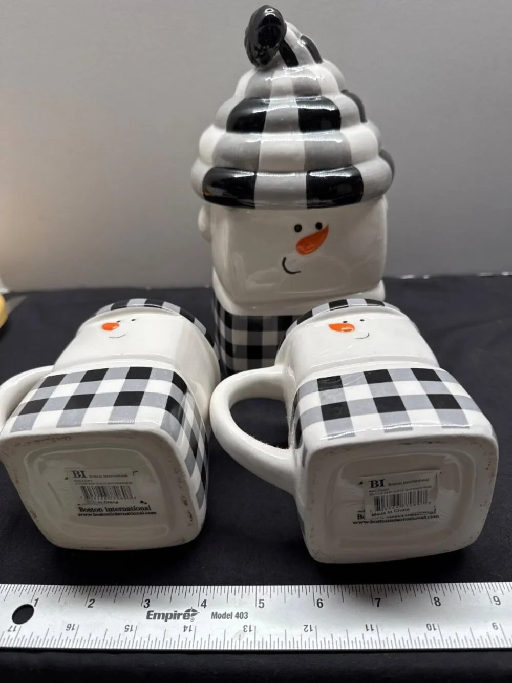 Joyous Snowman 2025 Ceramic Jar & Mug Set With Black & White Buffalo Check Desig
